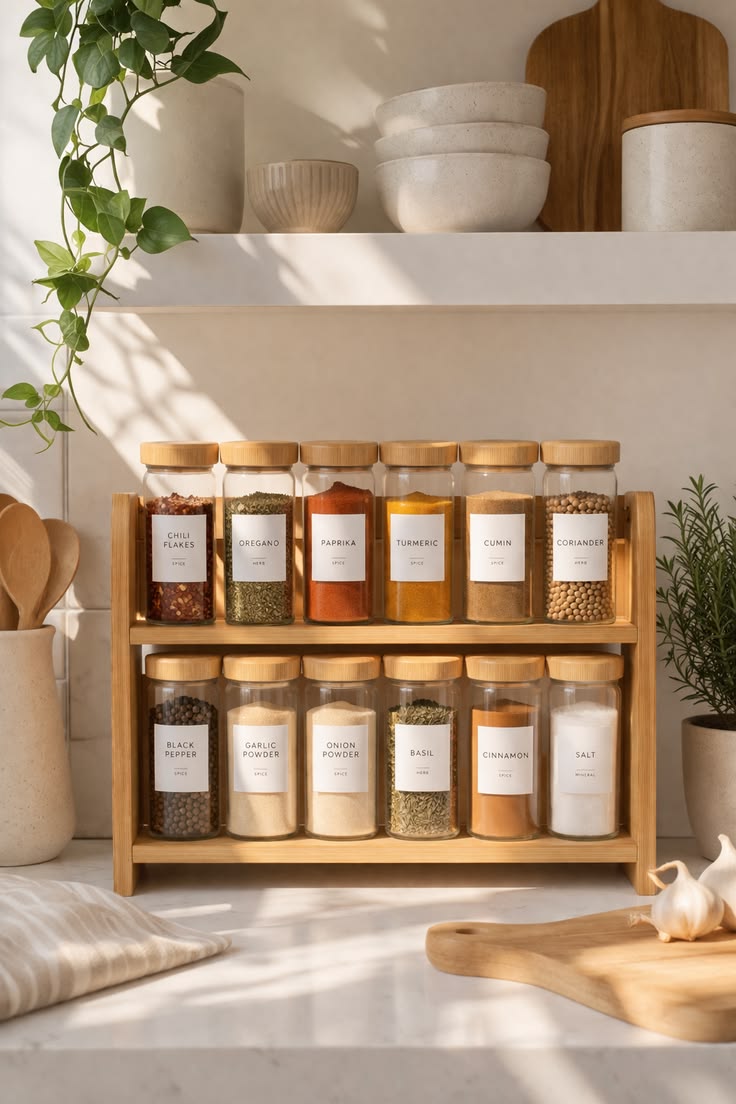 Bamboo Spice Rack Organizer with 12 Airtight Jars