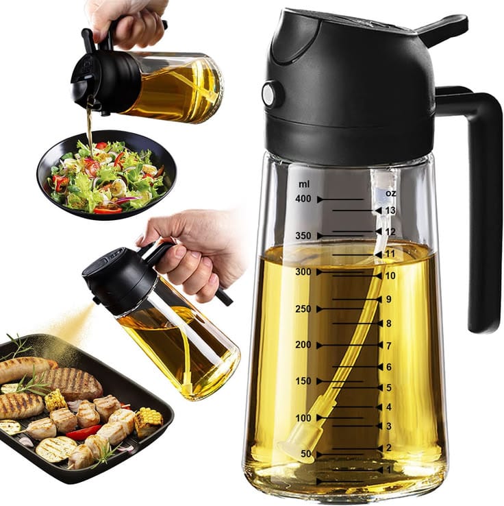 2-in-1 Glass Oil Sprayer & Pourer Bottle with Measuring Scale – 400ml Kitchen Oil Dispenser
